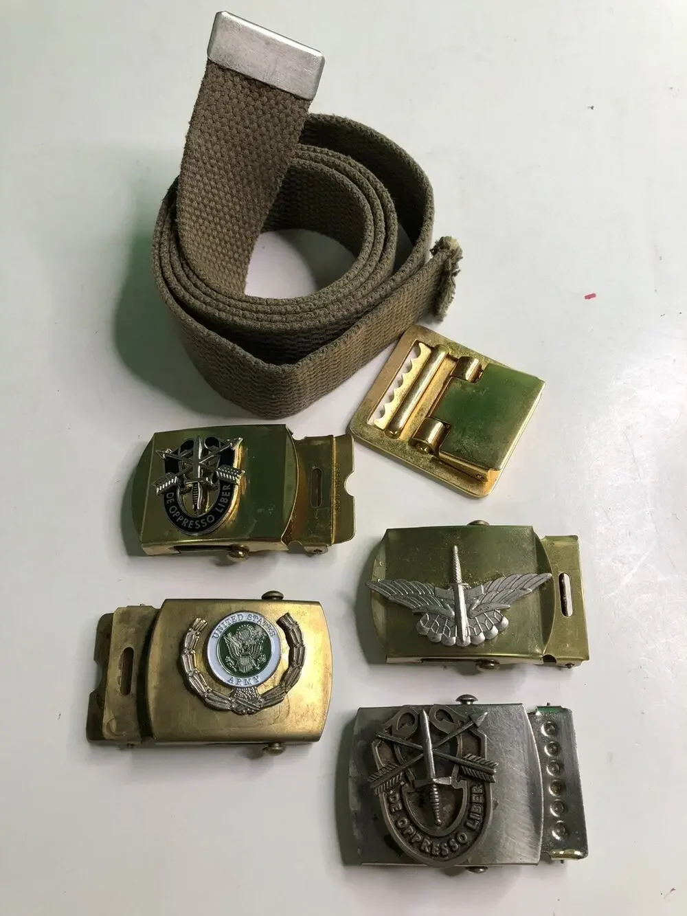 Vintage 38” Web Belt W/ 5 Buckles US Army Special Forces Brass Interchangeable